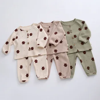 0-3T Yeni Doğan Erkek Bebek Kız Giysileri Kıyafetler Uzun Kollu Baskı Üst takım elbise Pamuklu Pijama Seti Sevimli Ev Giyim Bebek Giyim