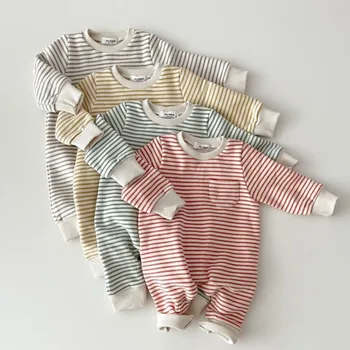 2022 Bahar Yeni Bebek Çizgili Romper Erkek Kız Basit Çizgili Rahat Tulum Kış Bebek Polar Sıcak Giysiler