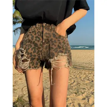 2022 ilkbahar ve yaz seksi yüksek bel ince delik leopar baskı kot şort kadın Yeni Retro çok yönlü düz sıcak pantolon trend