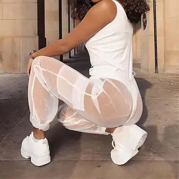 2022 Kadınlar Seksi See Through Geniş Bacak Kargo pantolon Cepler Gevşek Örgü Şeffaf Pantolon Sıcak Ins Bloomers Streetwear Giyim