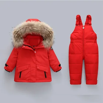 2022 Kış Aşağı Ceket Tulum Erkek Bebek Parka Gerçek Kürk Kız Giysileri Çocuk Giyim Seti Toddler Kalın sıcak Tulum Snowsuit
