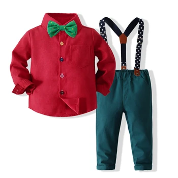 2022 Yeni Çocuk Takım Elbise Erkek Uzun kollu Gömlek + Askı Pantolon Seti ve papyon 1-8 Yaşında Erkek Çocuk Butik Giyim