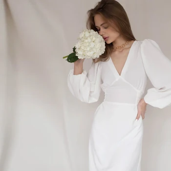 Churses Rahat V Yaka Puf Kollu uzun elbise Sonbahar Yüksek Bel Zarif Vintage Parti Elbiseler Kadınlar İçin 2021 Yeni Varış