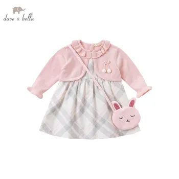 DBJ14546 dave bella sonbahar bebek kız moda yay ekose elbise küçük bir çanta ile parti elbise çocuklar bebek lolita 2 adet giysi