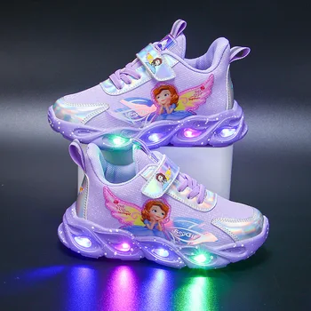 Disney dondurulmuş led ışıkları kızlar ayakkabı bahar yeni prenses sofia yumuşak alt çocuk spor ayakkabı bebek örgü nefes ayakkabı