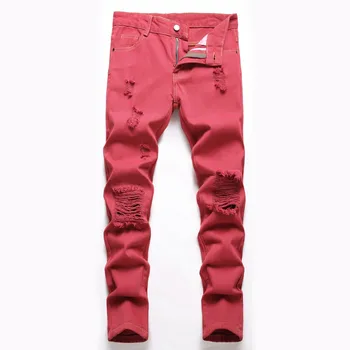 Erkek Dört Mevsim Kot Avrupa Ve Amerikan Orta Yaşlı çocuk Boyalı Yırtık Kırmızı Olmayan streç Rahat Düz Kot Pantolon