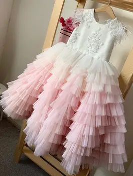 Kabarık Uzun Çiçek Kız Elbise Katmanlı Tül Dantel Tüy O Boyun Kızlar Pageant elbise Prenses Doğum Günü Elbise Fotoğraf