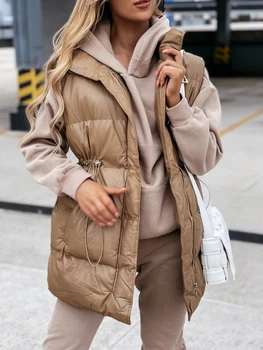 Kolsuz fermuarlı ceket Kadın İpli Yelek Kış Pamuk Yastıklı Casual Streetwear Kirpi Parkas Sonbahar Kapitone Mont