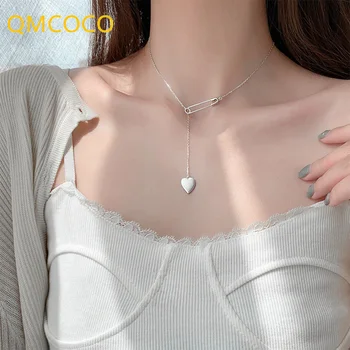 QMCOCO Gümüş Renk Moda Vintage Basit Kalp Şekli Geometrik Kolye Zinciri Kızlar İçin Parti Takı Hediyeler Püskül Kolye