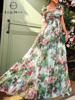 SEQINYY Yeşil Uzun Elbise Yaz Bahar Yeni Moda Tasarım Kadınlar Pist Yüksek Sokak Dökümlü Şifon Sicilya Pembe Çiçekler Baskı