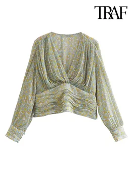 TRAF Kadın Moda Metalik İplik Baskılı Bluzlar Vintage Uzun Kollu Yan Fermuar Kadın Gömlek Blusas Chic Tops