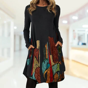 Yeni Kadın Zarif Baskı Boho Elbiseler İlkbahar Sonbahar Bayan 2022 Vintage Uzun Kollu Casual Gevşek Parti Vestidos