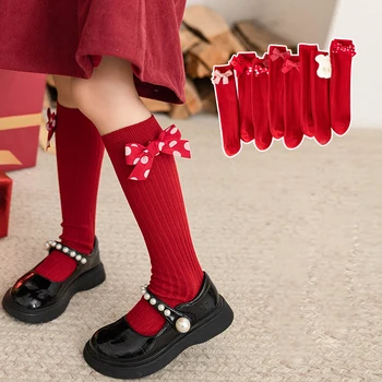 Yeni Kış Bebek Kız Çorap Sevimli Bebekler Çocuk Diz Yüksek Uzun Kırmızı Çorap Polka Dots Ekose Yay Prenses noel hediyesi