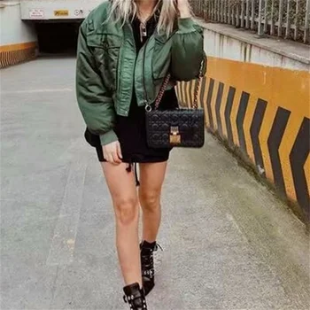 ZXQJ Kadın Moda Temel Gevşek Yastıklı Bombacı Ceket Kaban Vintage Uzun Kollu Fermuar Sıcak Kadın Giyim Chic Tops