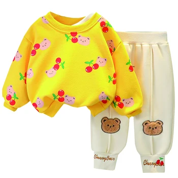 Çocuk Eşofman Peluş Sonbahar Kış Erkek Kız Setleri 2021 Yeni Karikatür Üst + İşlemeli Pantolon Takım Elbise Bebek Giyim 1 2 3 4Y