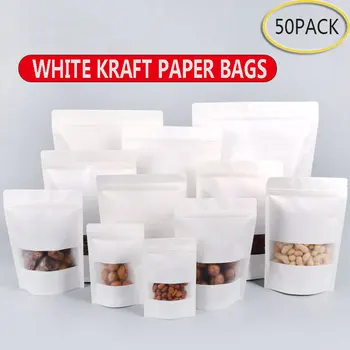50 adet beyaz kraft kağıt torbalar stand up Fermuar / zip kilit şeker çay kurutulmuş meyve hediye paketleme Nem geçirmez açık pencere kılıfı