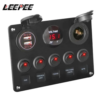 LEEPEE 5 Gang 12V Su Geçirmez Entegre Anahtarı Paneli Dijital Voltmetre Çift USB Bağlantı Noktası Tekne Araba Deniz LED Rocker Aksesuarları