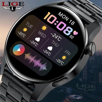LIGE 2022 Tam daire dokunmatik ekran çelik bant lüks Bluetooth çağrı Erkekler akıllı saat Su Geçirmez Spor Aktivite spor izle + kutu