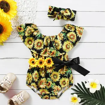 Pudcoco 2020 Yürüyor Çocuk Bebek Kız yaz giysileri Ayçiçeği Baskı Romper Tulum Kıyafetler