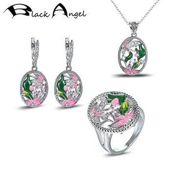 SİYAH MELEK moda takı seti El Yapımı Renkli Emaye Çiçekler 925 Gümüş Köpüklü CZ Yüzük Kolye Dangle Küpe Kadınlar için