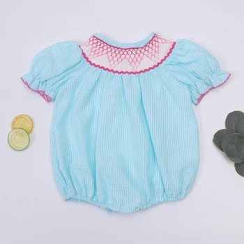 Yeni Bebek Kız Giysileri Yaz Önlüklü Romper Gök Mavisi Kısa Tulum El İşlemeli Tek parça Bodysuit 0 - 3T Çocuk