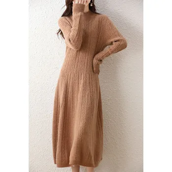 Zarif Moda Elbiseler Kaşmir Kazak Örme uzun elbise 100 % Merinos Yünü Kadın Balıkçı Yaka Ofis Etek Sonbahar Kış Giysileri